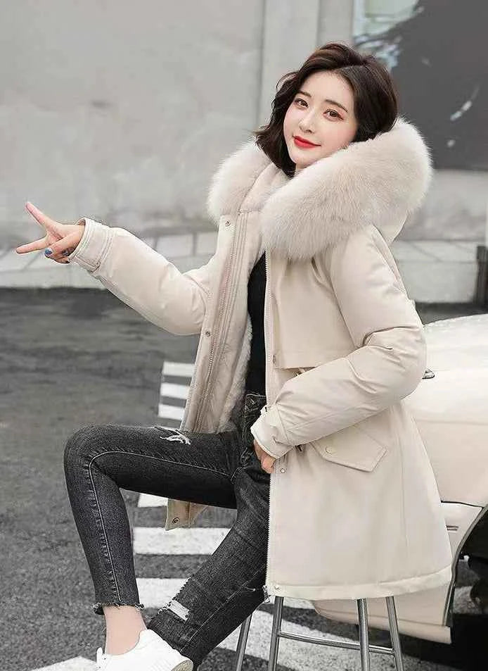 2025 Winter Women's Parka Cotton Padded Coat Korean Style Mid Length Waist Cinching Thickened for Cold Suitable for Short Girls