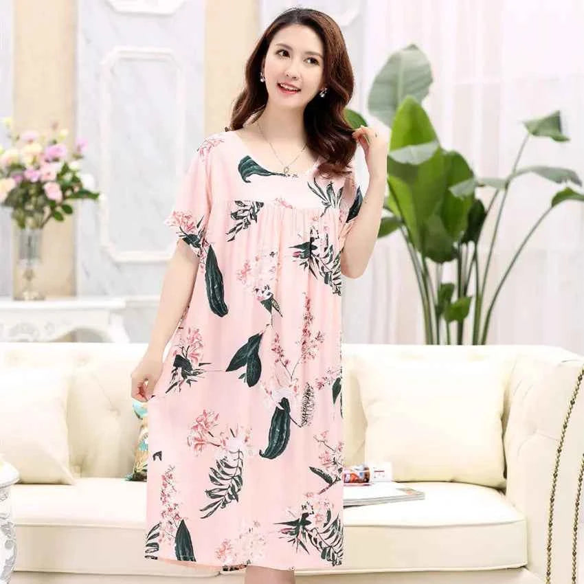 Women summer cotton nightgowns short-sleeved Korean loose big yards 4XL fit 100 kg nightshirt female floral print night dress