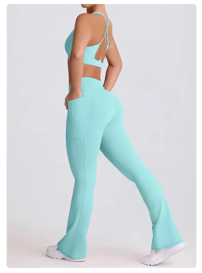 2PCS Yoga Set Women Sports Bra Sexy Gym Top Cross Strap Breathable Fitness Bra Peach Hip Yoga Pants Workout Clothes Sportswear