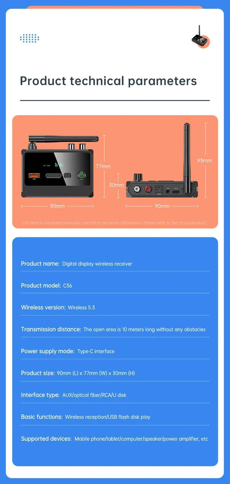 Bluetooth 5.3 Audio Receiver USB U-Disk Play Stereo Wireless Adapter R/L 2 RCA/3.5MM AUX/Optical Fiber Jack For Car Kit Speaker