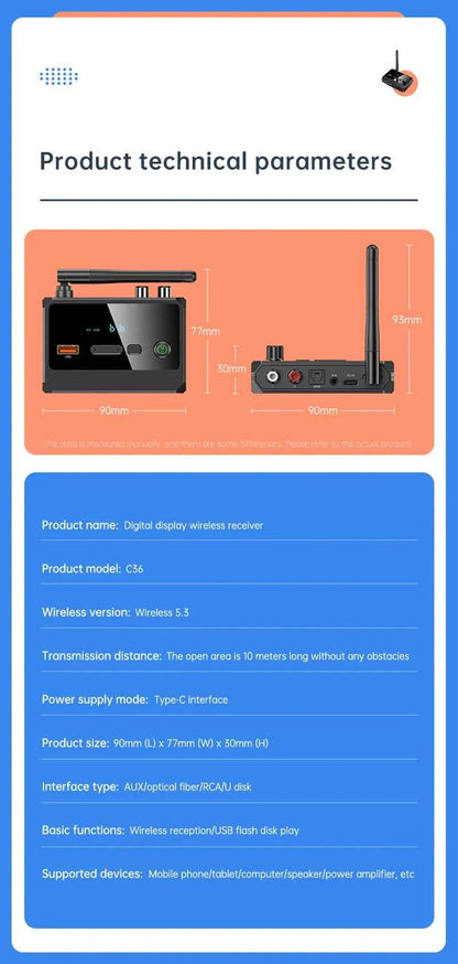 Bluetooth 5.3 Audio Receiver USB U-Disk Play Stereo Wireless Adapter R/L 2 RCA/3.5MM AUX/Optical Fiber Jack For Car Kit Speaker