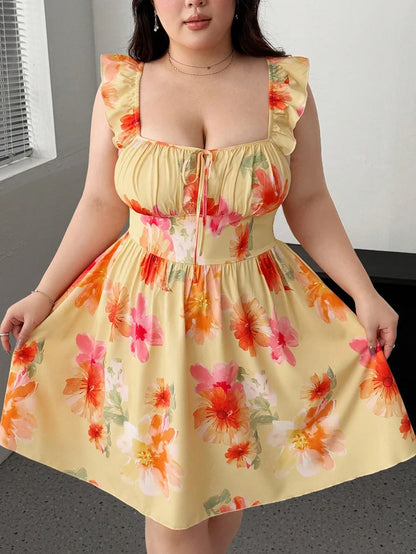 Plus Size Fly Sleeve Flower Chest Cup Dress A Hem Short Dress Printed Beach Square Neck Casual
