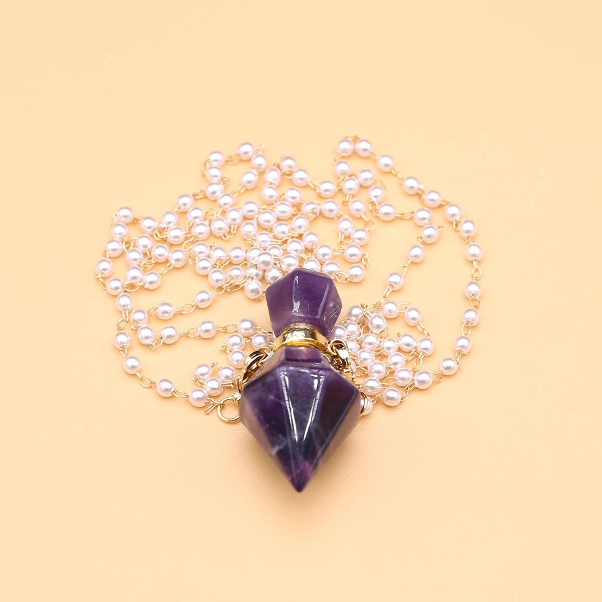Natural Amethysts Perfume Bottle Pendant Necklace Pearl Chains Essential Oil Diffuser Agates Pendant Necklace For Women Jewerly - AMULET RING STORE
