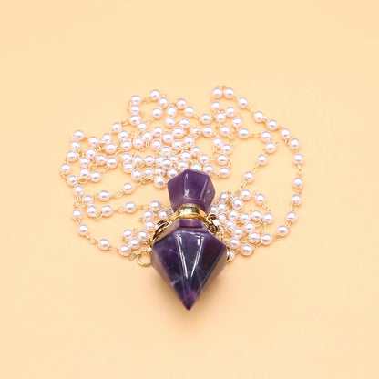 Natural Amethysts Perfume Bottle Pendant Necklace Pearl Chains Essential Oil Diffuser Agates Pendant Necklace For Women Jewerly - AMULET RING STORE