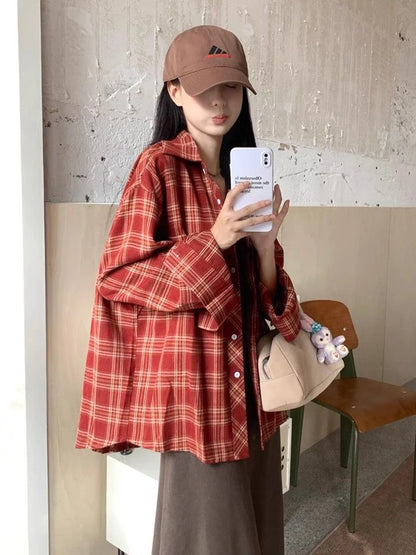 Zoki American Y2K Plaid Shirt Women Loose Streetwear Long Sleeve Vintage Blouse Casual Oversize All Match Female Spring Tops New - AMULET RING STORE