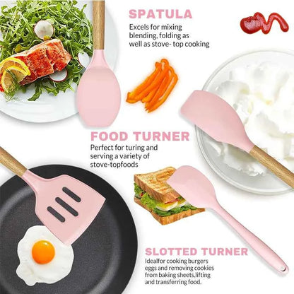Silicone Cookware Set 12pcs Kitchen Utensil Wooden Handle Non-stick Spatula Shovel Spoon Kitchen Cooking Specialty Tools