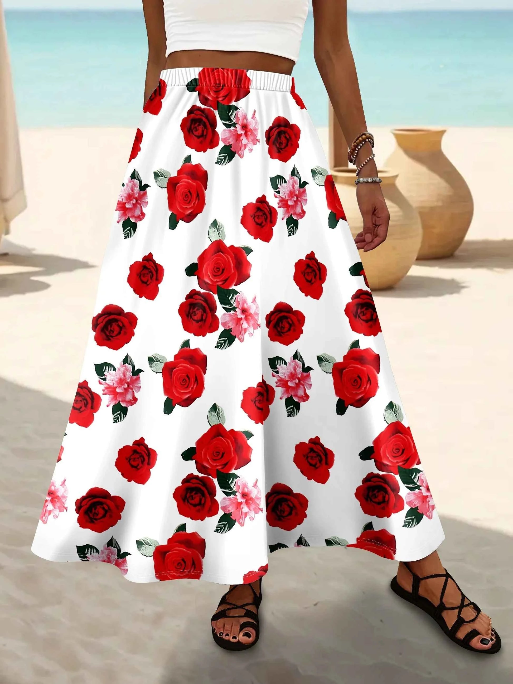 Scarlet Rose & Blush Blossom Print Elastic High - Waist A - Line Vacation Maxi Skirt: Romantic Waltz Vibes