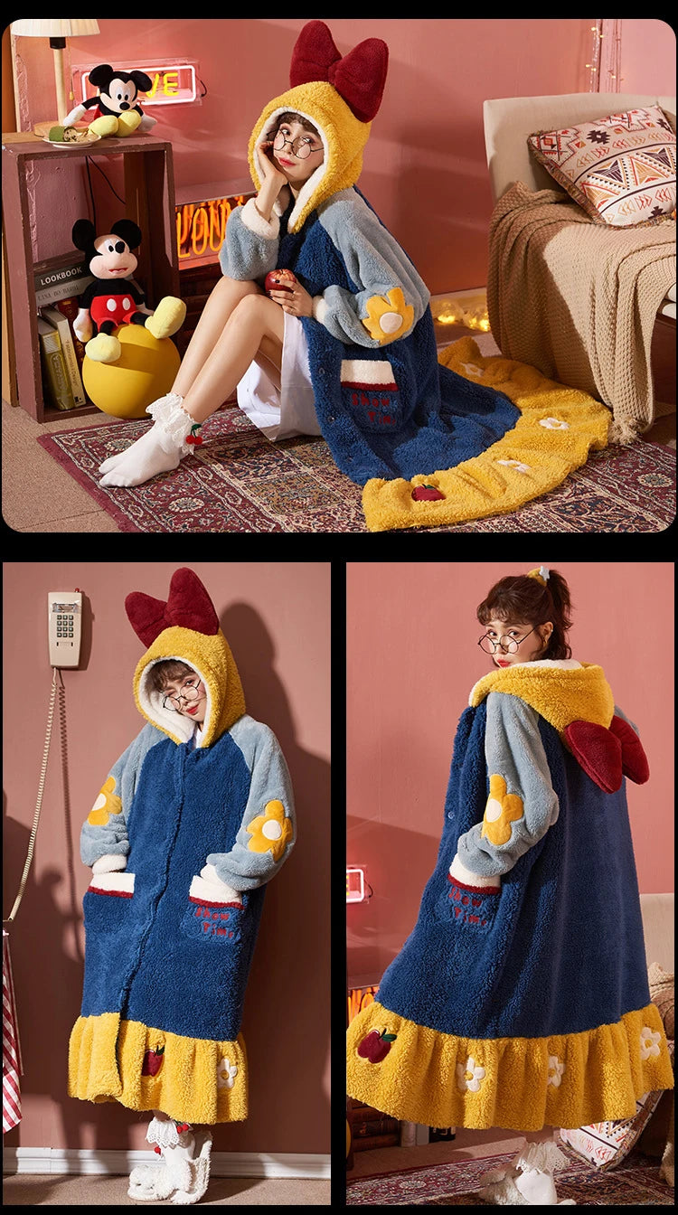 2024 Winter Pajamas For Women Cartoon Hooded Long Robe Strawberry Jacket Cute Home Wear Sleepwear Kawaii Flannel Warm Bathrobe - AMULET RING STORE