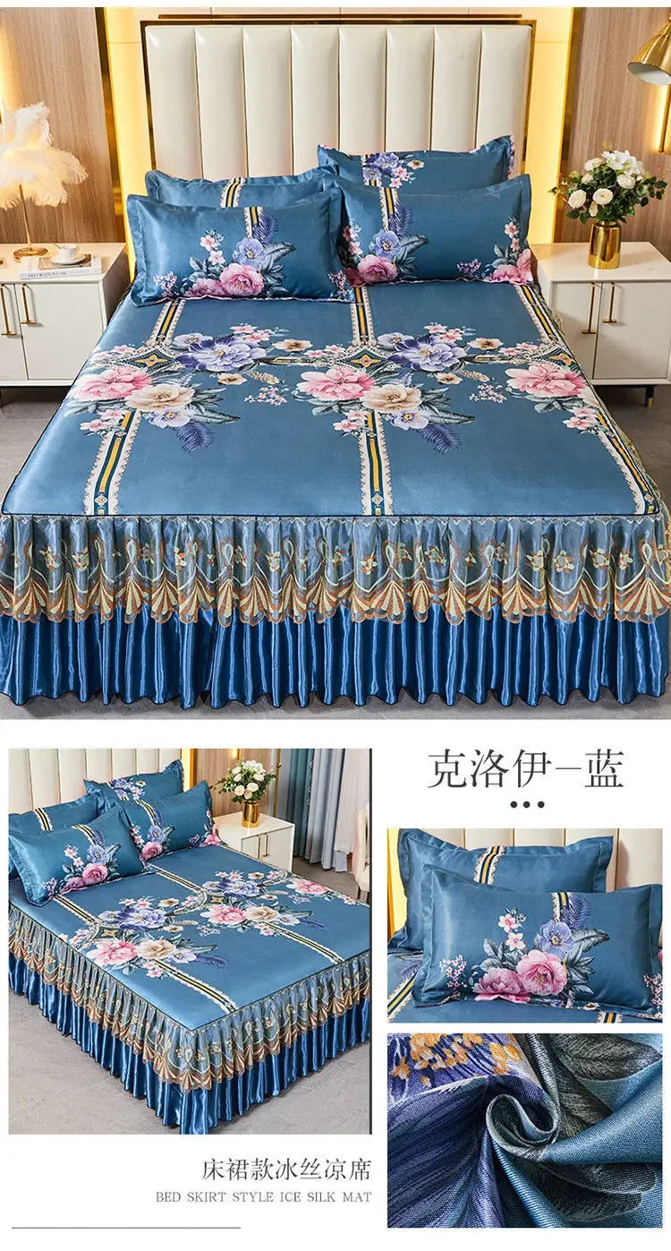 3Pcs/Lot Double Bed Sheet Set Classic Lace Royal Blue Bed Sheet Bed Skirt