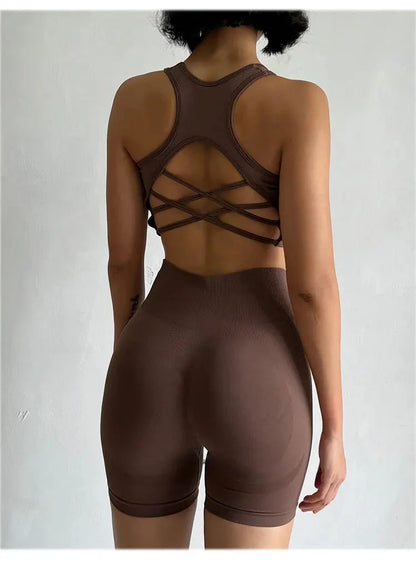 High Waist Seamless Fitness Suit Shockproof Sports Bra Women Quick-drying Training for Lifting Buttocks Three-point Shorts Sets