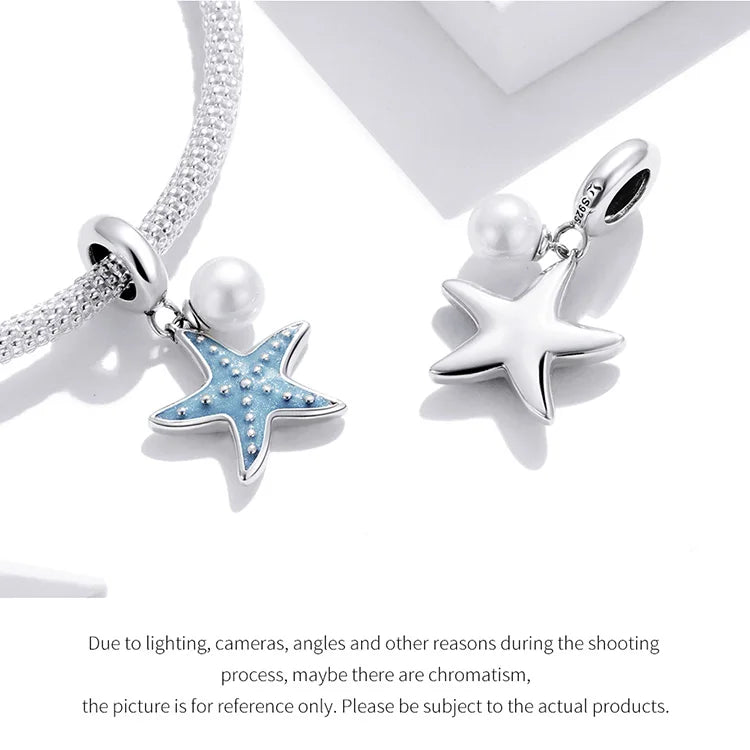 BISAER 925 Sterling Silver Charm Ocean Style Fish Dolphin Mermaid Shell Blue CZ Bead For Necklace&Bracelet DIY Fine Jewelry Gift - AMULET RING STORE