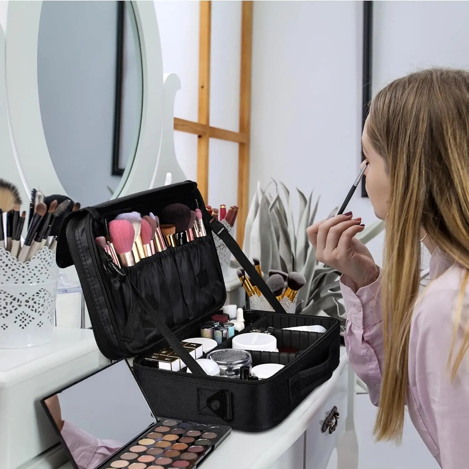 Large capacity travel makeup case, portable artist organizer with adjustable dividers and shoulder strap for toiletries jewelry - AMULET RING STORE