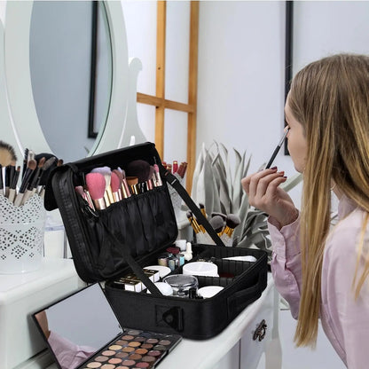 Large capacity travel makeup case, portable artist organizer with adjustable dividers and shoulder strap for toiletries jewelry - AMULET RING STORE
