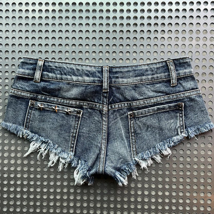 Slimming Skinny Denim Hot Pants - Vintage Wash Ultra Low-Rise Distressed Y2K Sexy Shorts for Baddie Street Style