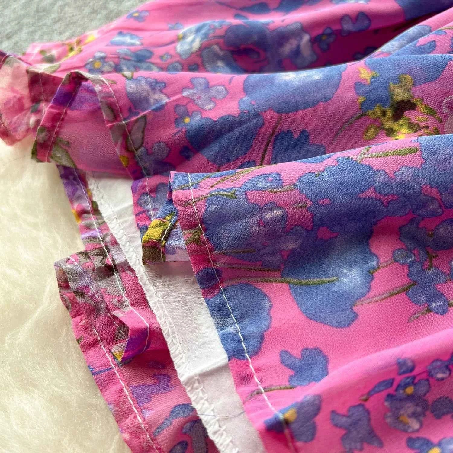 2026 Romantic Floral Print Chiffon Long Sleeve Dress Women Sexy V-neck A Line Beach Vestidos Elegant Elastic Waist Party Dress