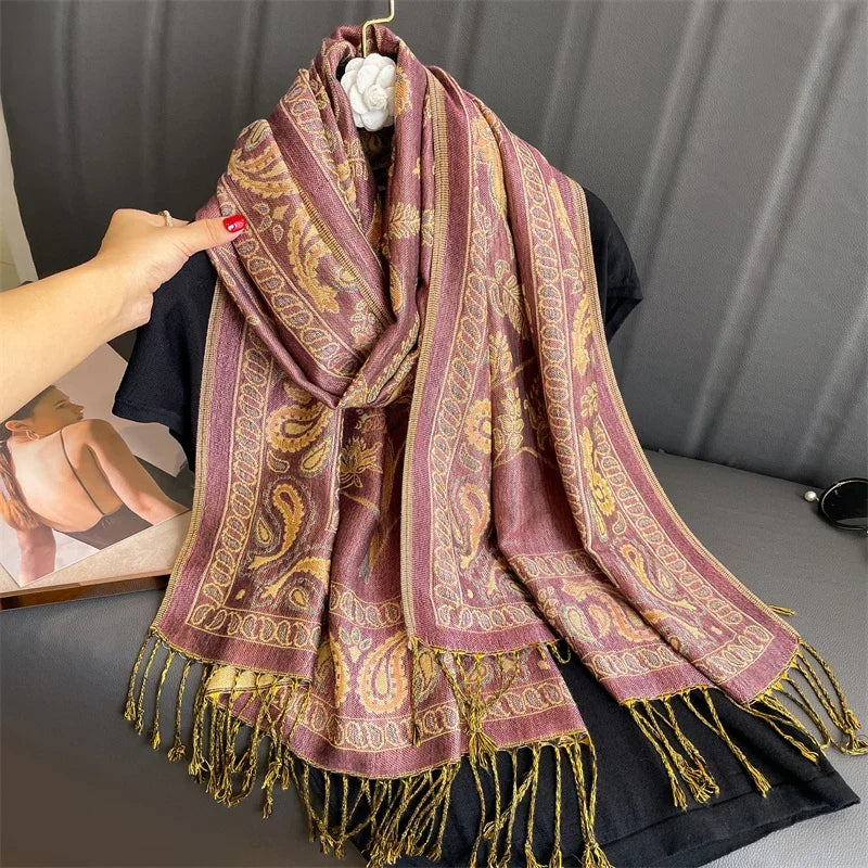 Women National Style Flower Pattern Scarf Jacquard Pashmina Cashmere Tassel Classic Shawl Coldproof Warm Neck Protection
