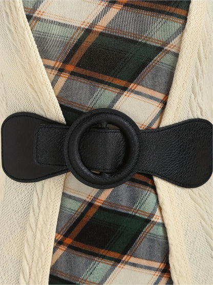 European and American fashion plus-size women's elegant temperament stitching buckle plaid printing knitted plus-size dress wome