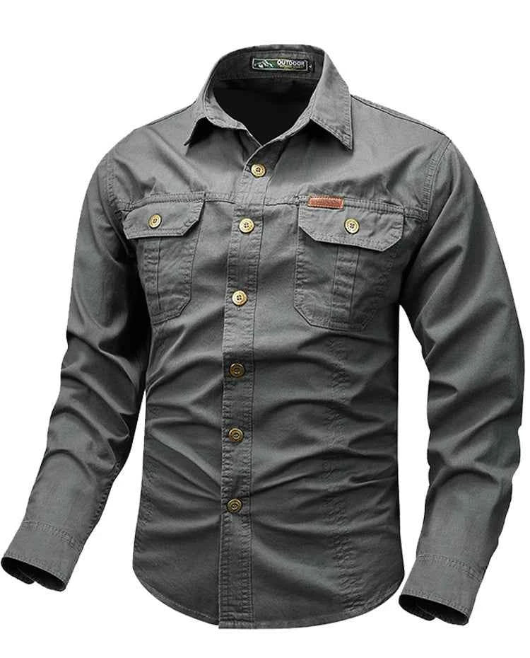 Retro Cargo style Men's Long Sleeve Shirt With Pocket Design, Men'sCasual Button Up Shirt For Spring Fall Qutdoo