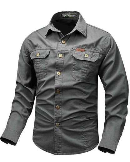 Retro Cargo style Men's Long Sleeve Shirt With Pocket Design, Men'sCasual Button Up Shirt For Spring Fall Qutdoo
