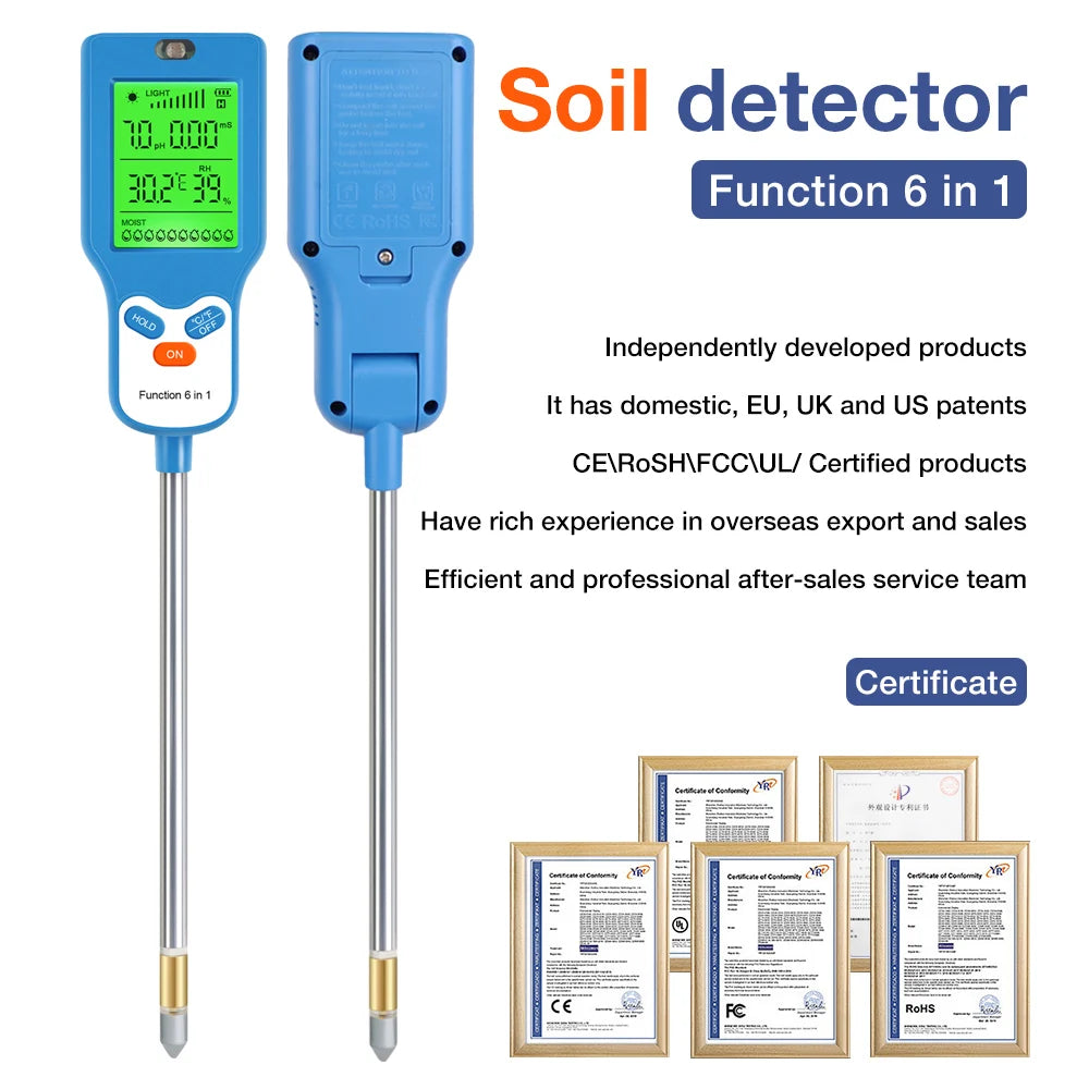 90° Digital 6 in 1 Multifunctional Soil PH Temperature Meter Farm Garden Fertility Moisture Sunlight Humidity Tester Detector - AMULET RING STORE