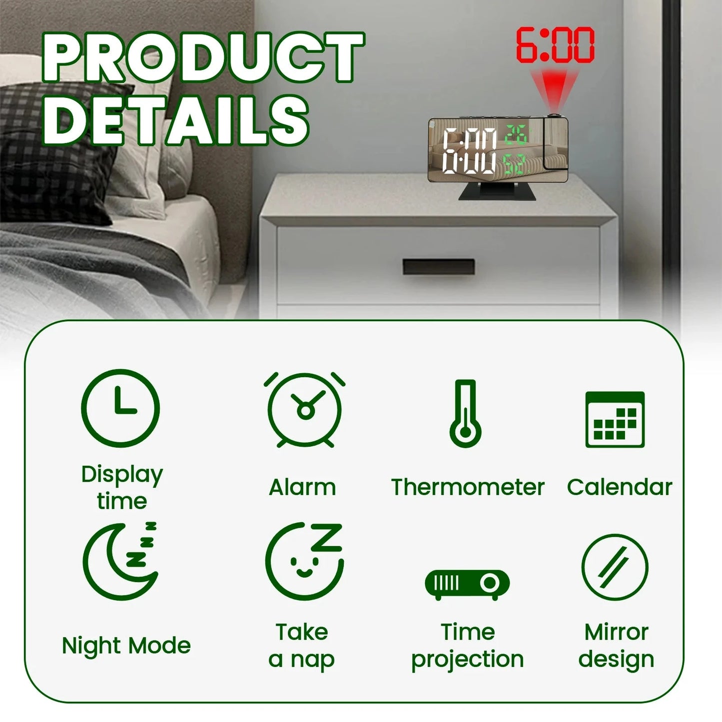 Projection digital alarm clock 180 ° arm projection LED alarm clock multifunctional USB plug in projector desktop LED clock