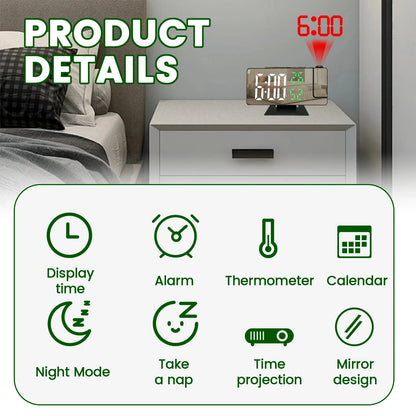 Projection digital alarm clock 180 ° arm projection LED alarm clock multifunctional USB plug in projector desktop LED clock