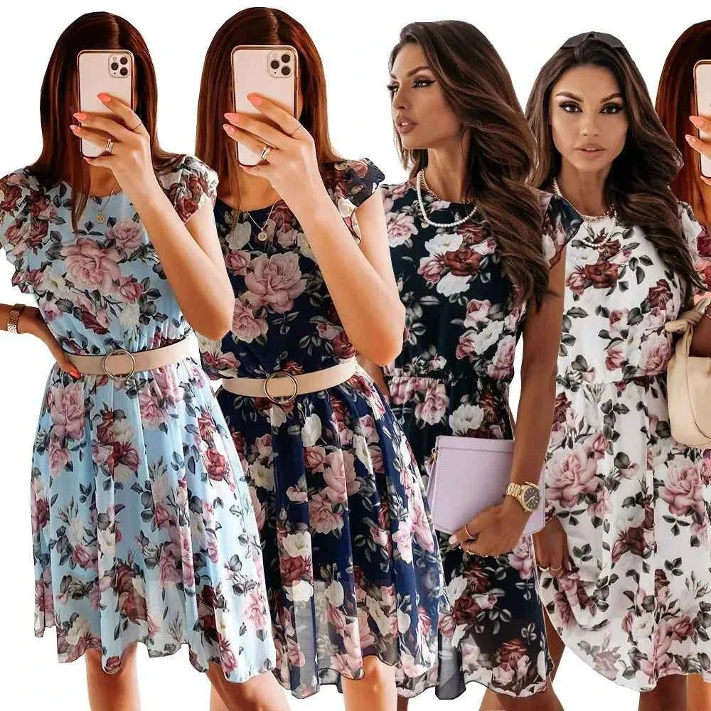 Summer Fashion Floral Printed Long Dress Ladies Sleeveless Elastic Waist Beach Dress 2025 Women V-Neck Pleated Chiffon Cover-Ups