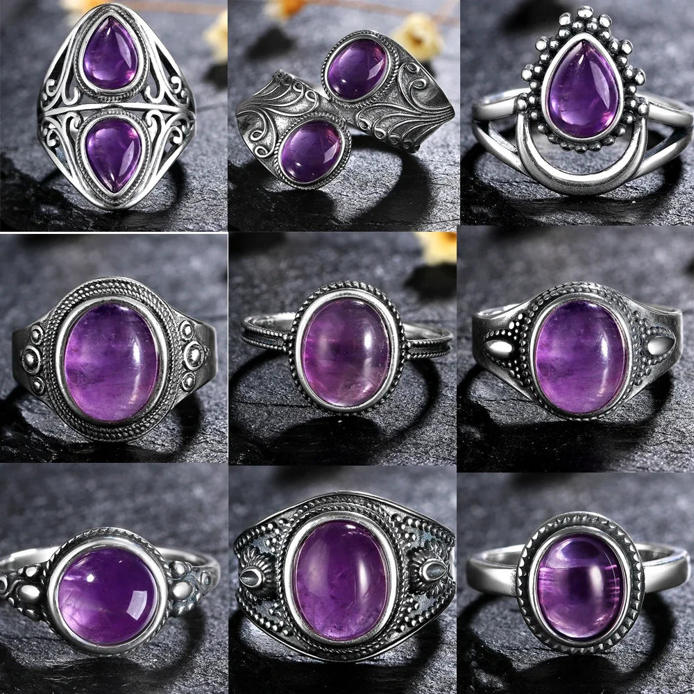 Luxury Vintage Ring Natural Amethyst Rings S925 Silver Jewelry Wedding Anniversary Party Ring Gifts for Women