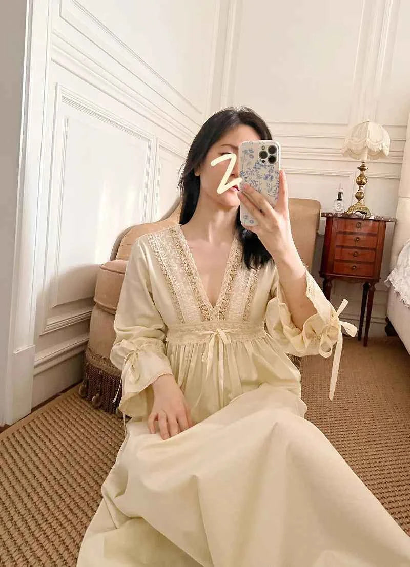 Vintage Embroidery Cotton Long Nightgowns For Lady Lace  Long Sleeve Beige Elegant Nightshirts Comfortable Sexy Night Dress