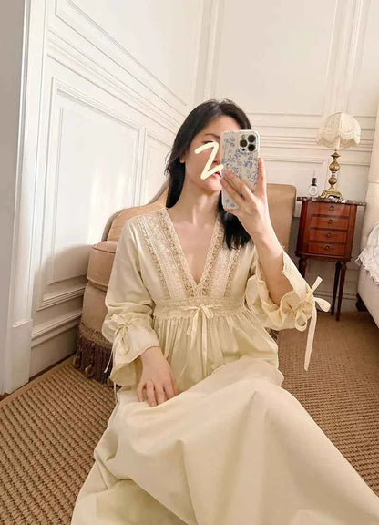 Vintage Embroidery Cotton Long Nightgowns For Lady Lace  Long Sleeve Beige Elegant Nightshirts Comfortable Sexy Night Dress