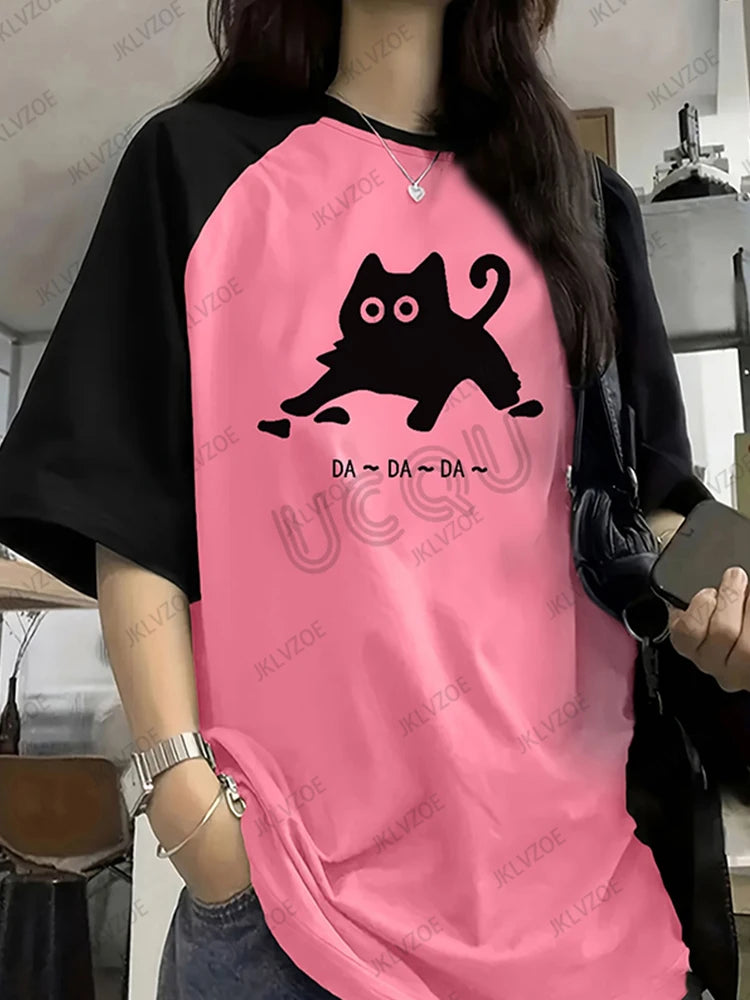 2025 Summer New Funny Cat Printed T-Shirt For Women Patchwork Short Sleeve Harajuku Tees Football Jersey Y2K Sports Loose Tops - AMULET RING STORE