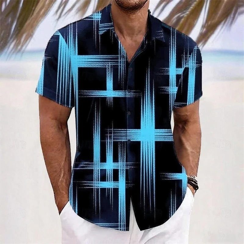 Men's Geometric Plaid Gradient Shirt Fashion Casual Outdoor Vacation Daily Wear Summer Lapel 3D Printed Shirt White Red Blue