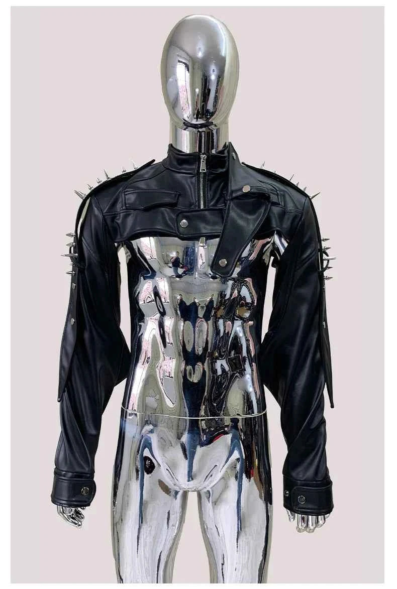 Mauroicardi Spring Autumn Cool Black Cropped Faux Leather Jacket Men Rivet Long Sleeve Zip Up Luxury Punk Style Emo Clothes 2025