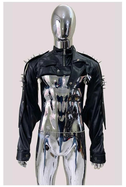 Mauroicardi Spring Autumn Cool Black Cropped Faux Leather Jacket Men Rivet Long Sleeve Zip Up Luxury Punk Style Emo Clothes 2025