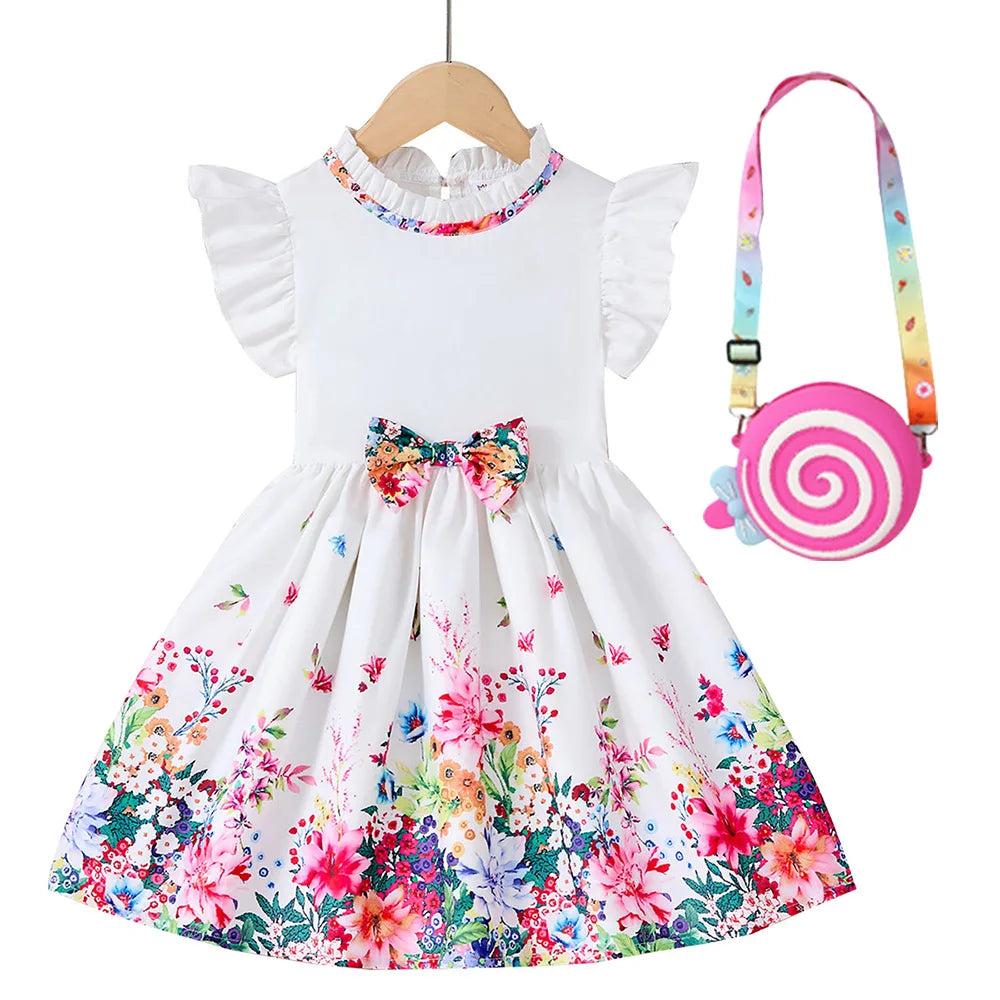 New Kids Girl Dress Summer Floral with Bow Fashion White Vestidos Short Sleeve Children Clothing Outfits Casual Printed  Dresses