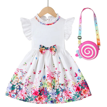 New Kids Girl Dress Summer Floral with Bow Fashion White Vestidos Short Sleeve Children Clothing Outfits Casual Printed  Dresses