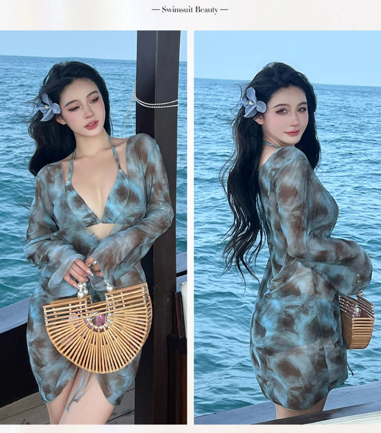 XL-5XL Plus Size Vacation Bikini Sexy Three-Piece Split Long Sleeve Swimsuit Women Summer Blue Pleated Beach Party Swimsuits