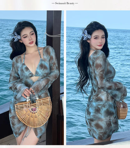 XL-5XL Plus Size Vacation Bikini Sexy Three-Piece Split Long Sleeve Swimsuit Women Summer Blue Pleated Beach Party Swimsuits