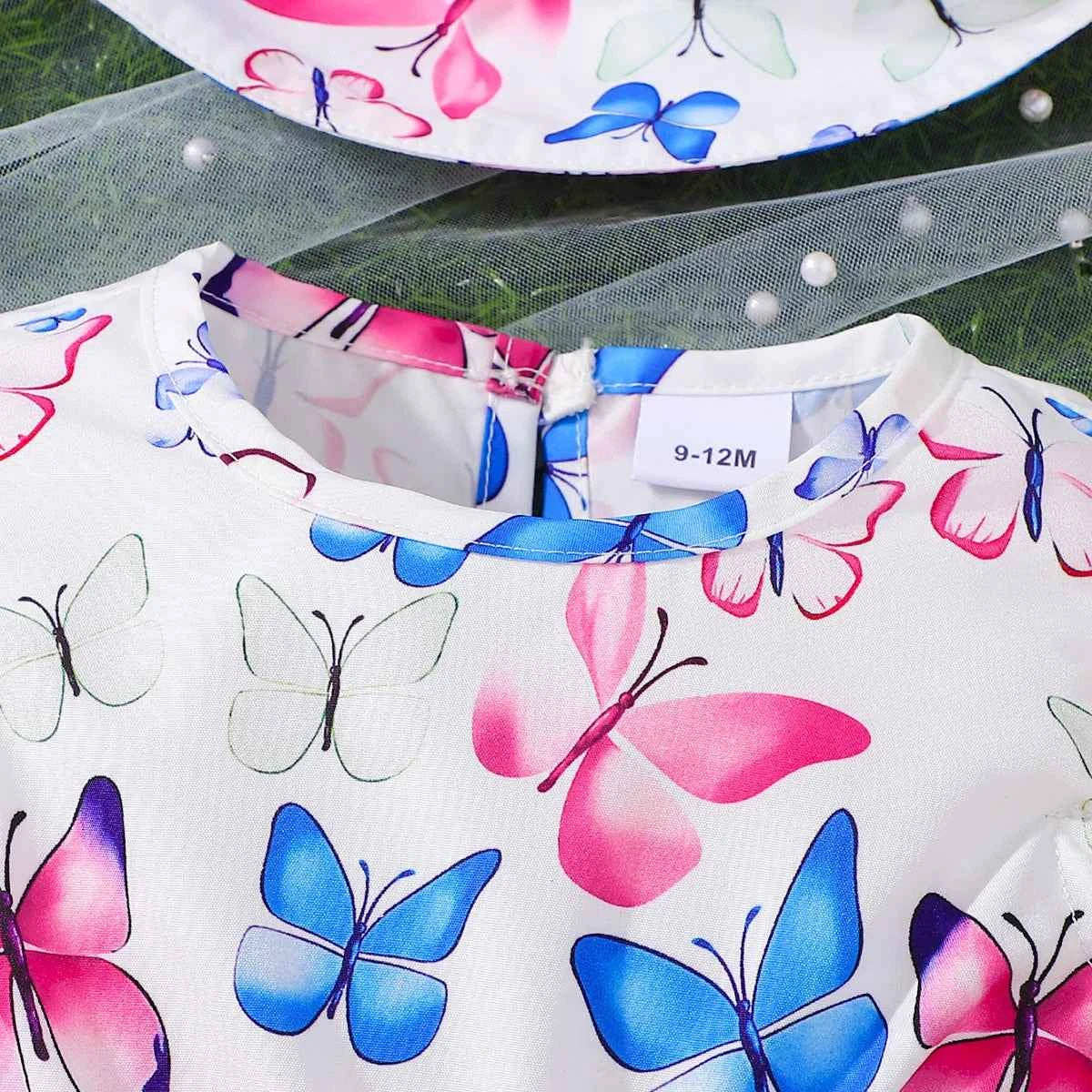 Girls Butterfly Print Dress Set with Flying Sleeves Pink Belt Waist Cinch Matching Hat Ensemble for Children's Clothing