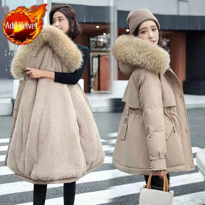2025 Winter Women's Parka Cotton Padded Coat Korean Style Mid Length Waist Cinching Thickened for Cold Suitable for Short Girls