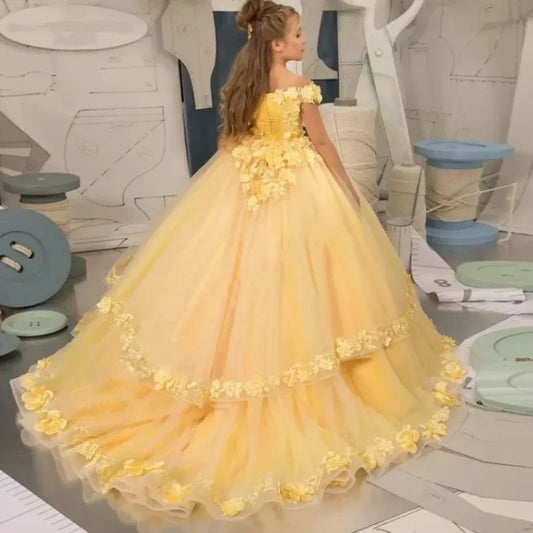 Customize Yellow Flower Girl Dresses Beading Appliqued Pageant Birthday For Girls First Communion Dresses Kids Prom Dresses