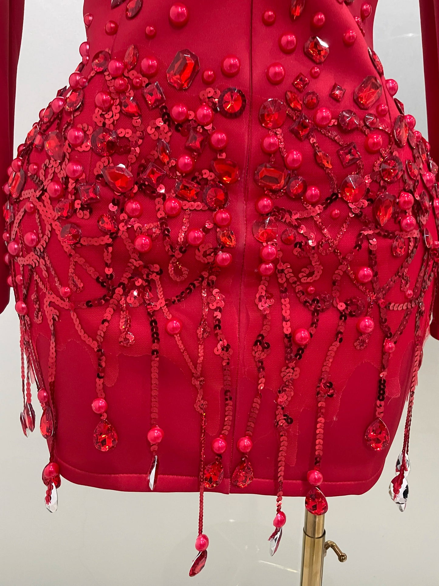 Sparkly Crystal Chains Pearls Long Sleeve Mini Dress 2025 Women Birthday Evening Party Nightclub Outfit Singer Wedding Costume - AMULET RING STORE