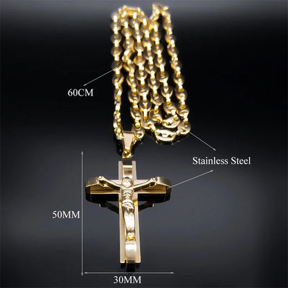 Jesus Cross Crucifix Pendant Necklace for Men Stainless Steel Gold Color Christian Coffee Bean Chain Jewelry croix chrétienne - AMULET RING STORE