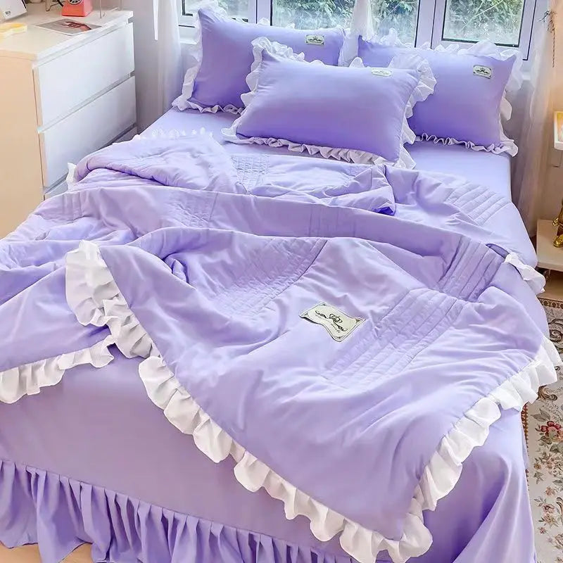 1/3Pc Korean Princess Ruffles Flowers Embroidery Summer Quilt Bedspread on The Bed Quilt Air-conditioning Blanket Bedding Set