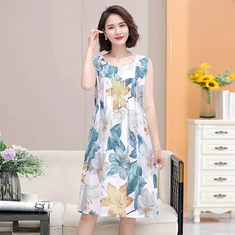 Summer Middle-Aged and Elderly Cotton Silk Nightgowns Pajamas Women's Dresses Large Size Mother's Casual Nightgowns Homewear - AMULET RING STORE