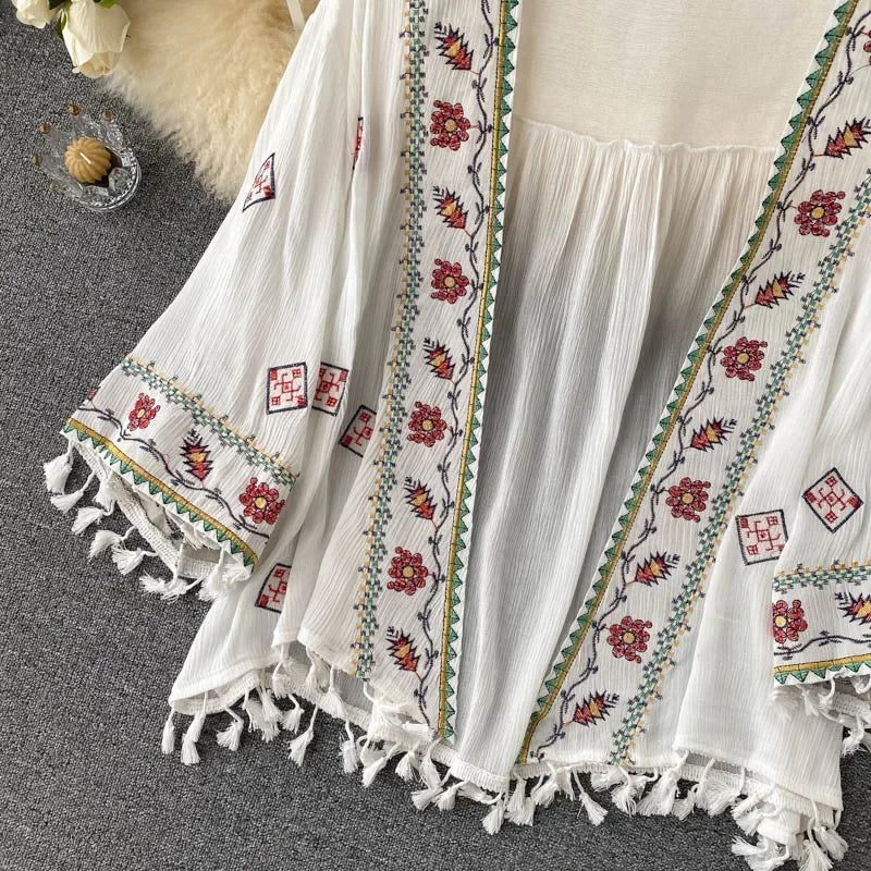 Summer Women's Shirt Bohemian Holiday Style Embroidered Tassel Chiffon Cardigan New Waist Female Slim Short Tops - AMULET RING STORE