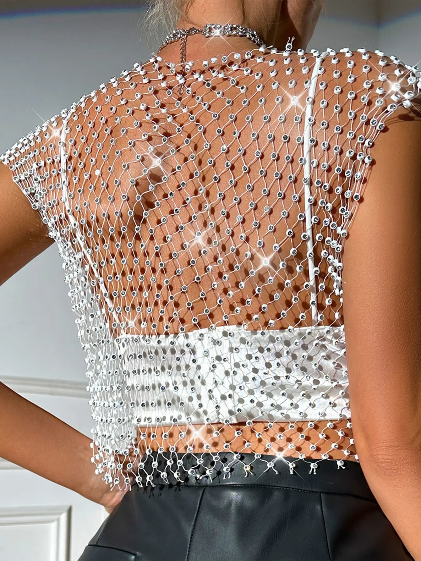 Sexy see through black rhinestone Crop Top Women 2025 Summer Sparkly fishnet beach Party Tank Top night club outfits Tops smock - AMULET RING STORE