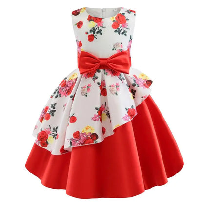 Summer Girls Rose Print Dress Princess Wedding Birthday Party Frocks Satin Children Vestidos Dresses For Girl Christmas Clothing