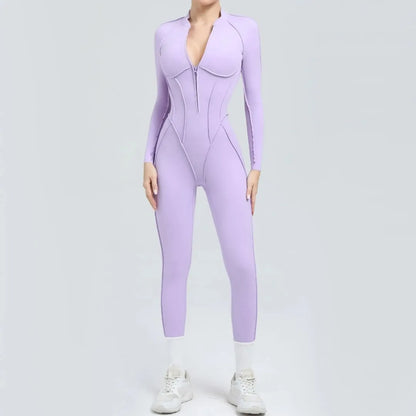 Seamless Yoga Jumpsuit Sports Fitness Backless Tight Zipper Long-sleeved One-Piece Workout Clothes Gym Leggings Sportswear