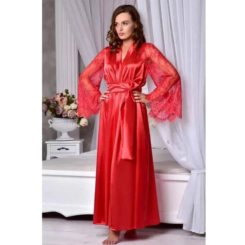 Sexy Nighties Lingerie Plus Size Pajamas Gown Imitation Ice Silk Lace Long Sleeve Women's Pajamas Panty Belt Set Sexy Goods